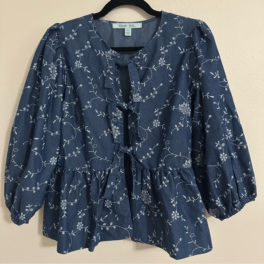Blue Sol Chambray Tie-Front Peplum Top - Medium